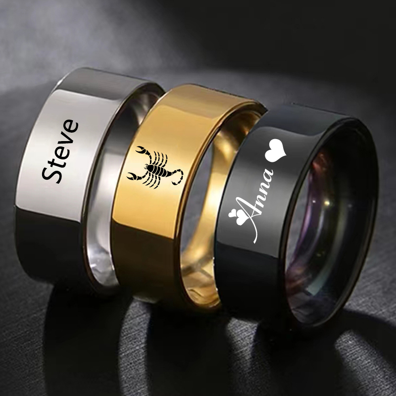 Women Accessories Logo - แหวนเงินย้อนยุคสเตนเลสสตีลเรียบลื่น8มม. ทันสมัยสำหรับผู้หญิงผู้ชายแกะสลักโลโก้ชื่อคนรักของขวัญเครื่องประดับคู่รัก