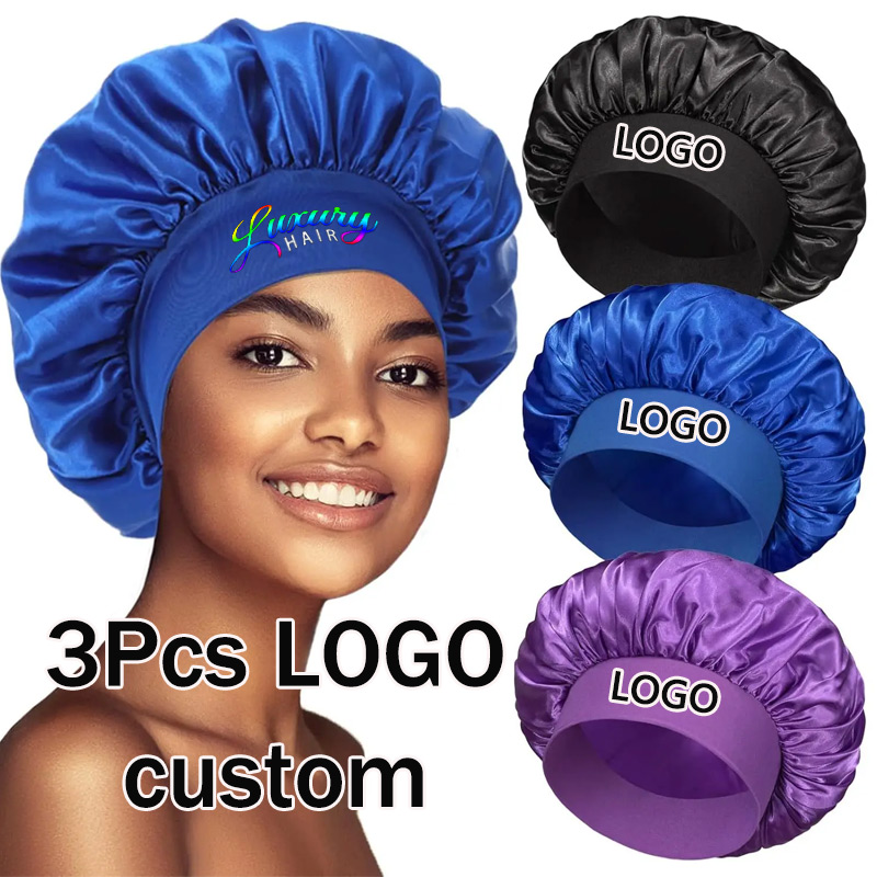 Women Accessories Logo - หมวกคลุมผมผ้าซาตินเนื้อนุ่ม 3 แพ็ค หมวกคลุมผมสำหรับนอนหลับตลอดคืน หมวกคลุมผมปักโลโก้ส่วนตัว อุปกรณ์ป้องกันเส้นผมสำหรับผู้หญิง